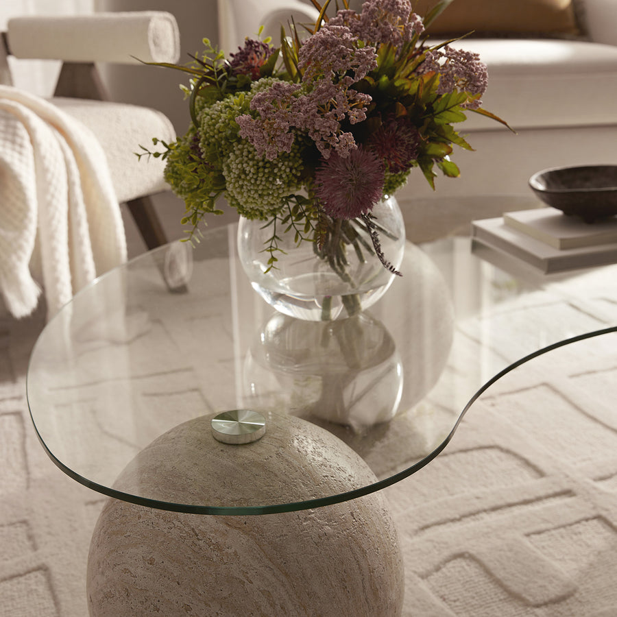 Sveti Curved Glass Coffee Table, Travertine