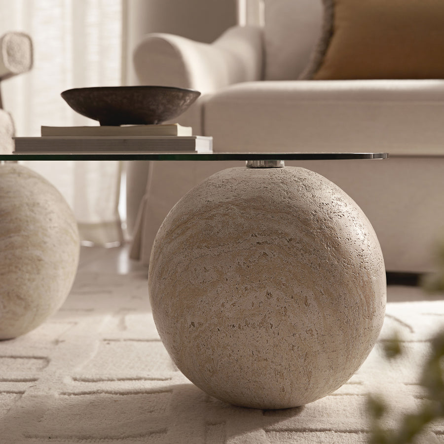 Sveti Curved Glass Coffee Table, Travertine