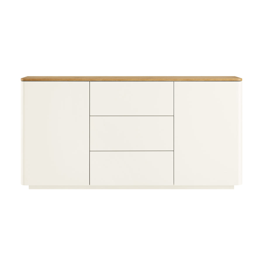 Agnes Curved Edge 2 Door 3 Drawer Wide Sideboard, Off White with Oak Top