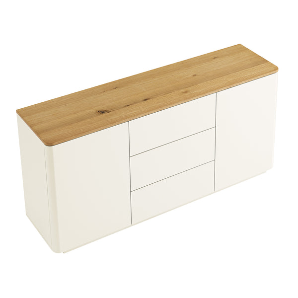 Agnes Curved Edge 2 Door 3 Drawer Wide Sideboard, Off White with Oak Top