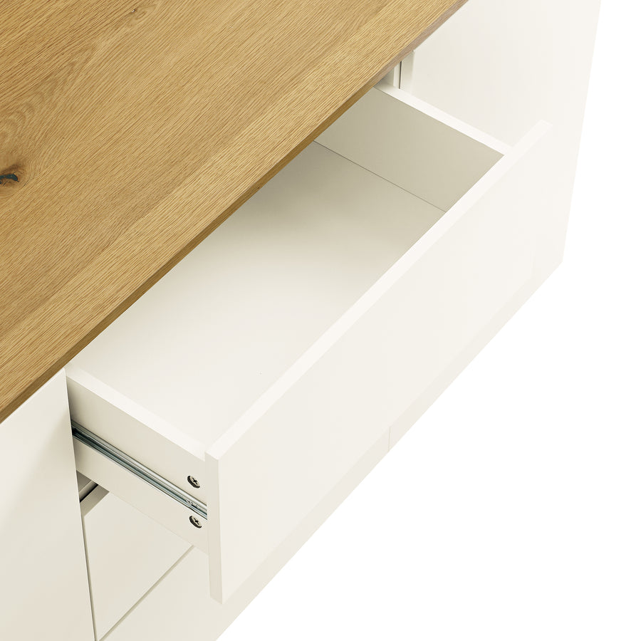 Agnes Curved Edge 2 Door 3 Drawer Wide Sideboard, Off White with Oak Top