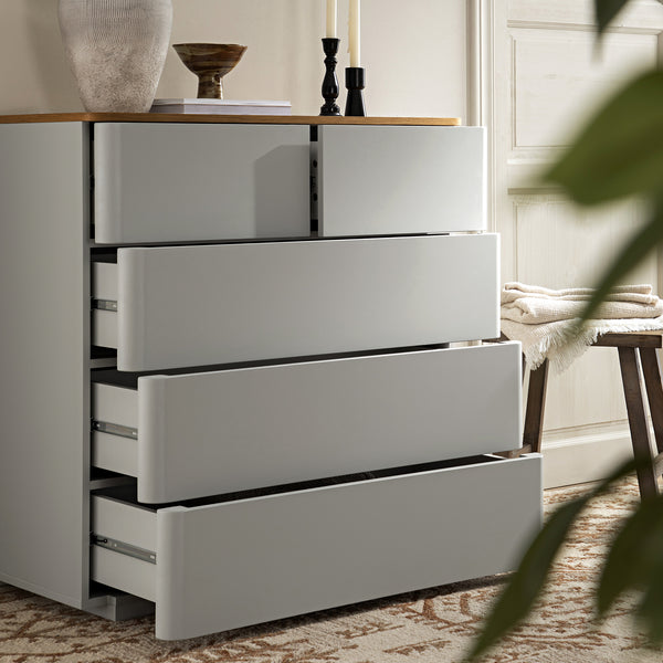 Agnes Curved Edge 2 over 3 Chest of Drawers, Dove Grey with Oak Top