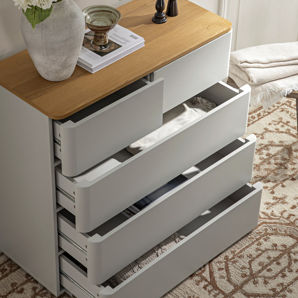 Drawer Rounded Esge Agnes Curved Edge 2 over 3 Chest of Drawers, Dove Grey with Oak Top | daals