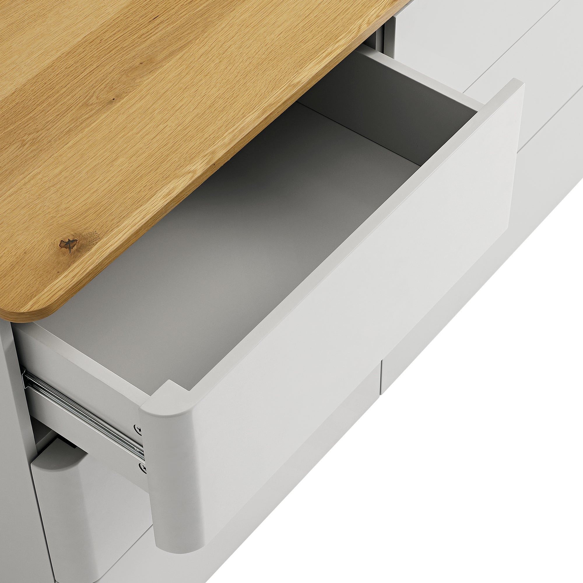 Drawer Rounded Esge Agnes Curved Edge Chest of 6 Drawers, Dove Grey with Oak Top | daals