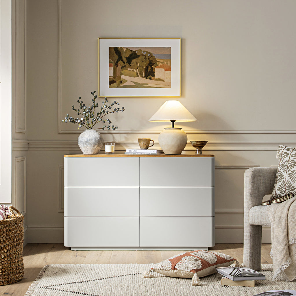 Agnes Curved Edge Chest of 6 Drawers, Dove Grey with Oak Top | daals