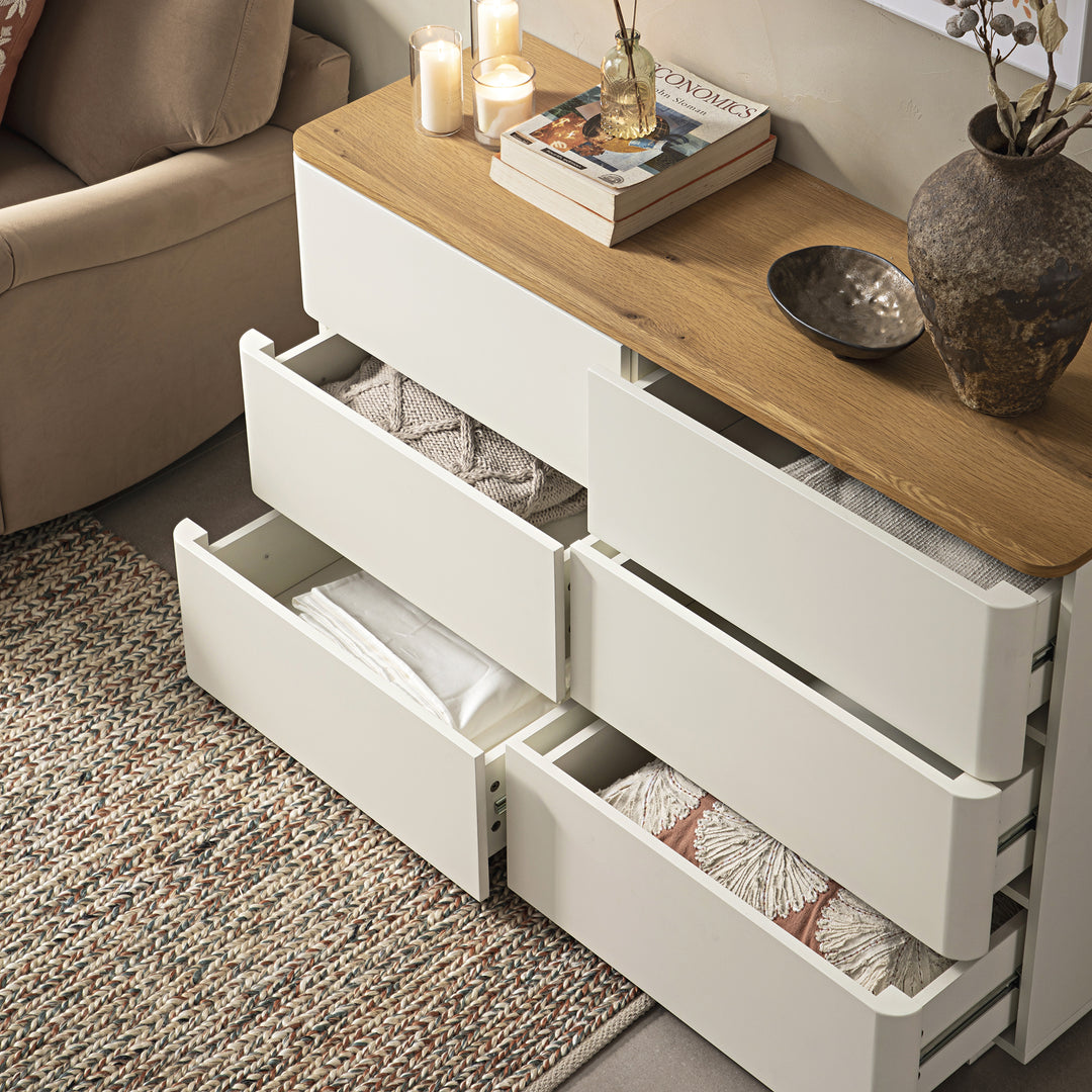 Drawer Rounded Esge Agnes Curved Edge Chest of 6 Drawers, Off White with Oak Top | daals