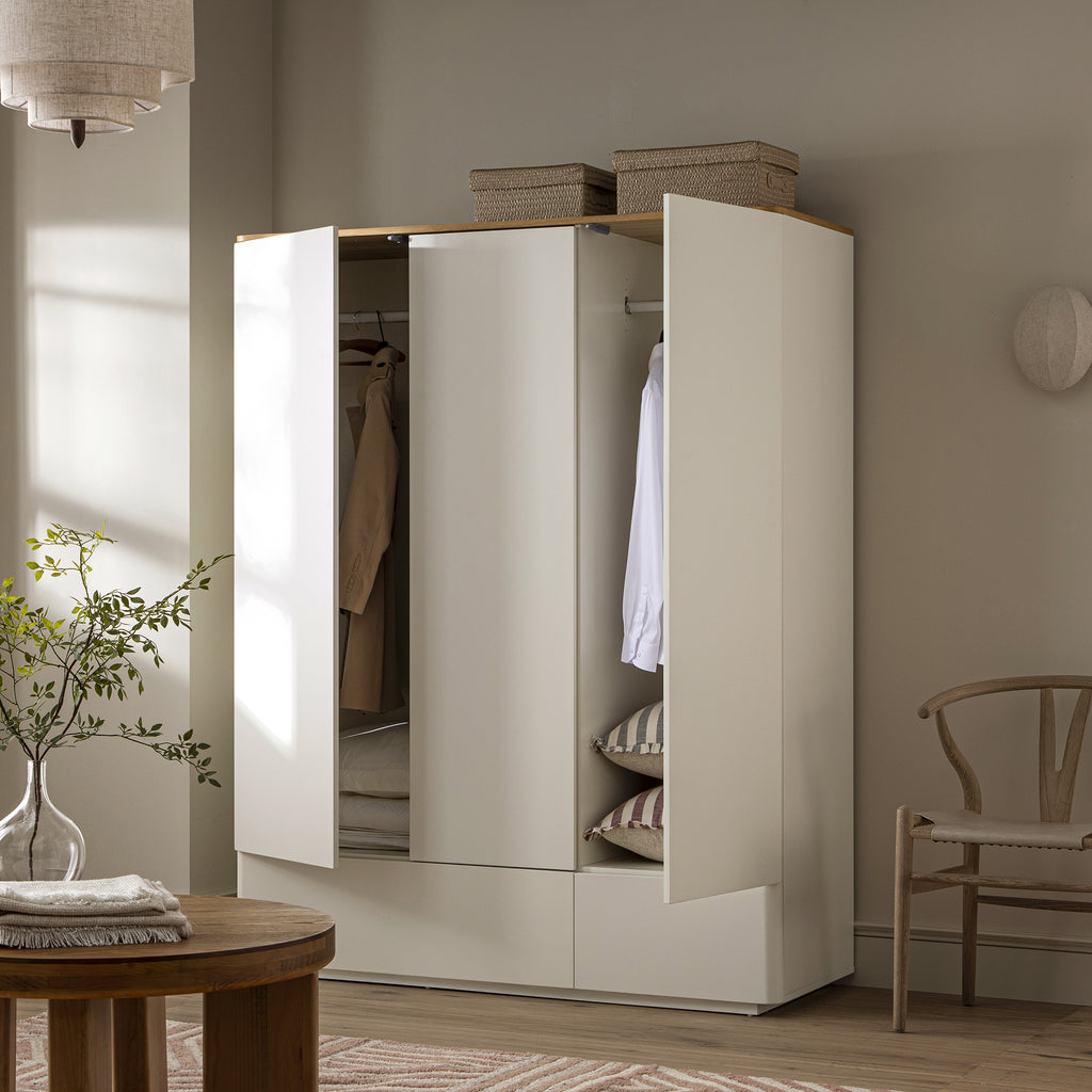 Agnes Curved Edge Triple Wardrobe, Off White with Oak Top | daals