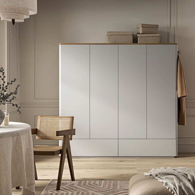 Agnes Curved Edge 4 - Door Wardrobe, Dove Grey with Oak Top - daals