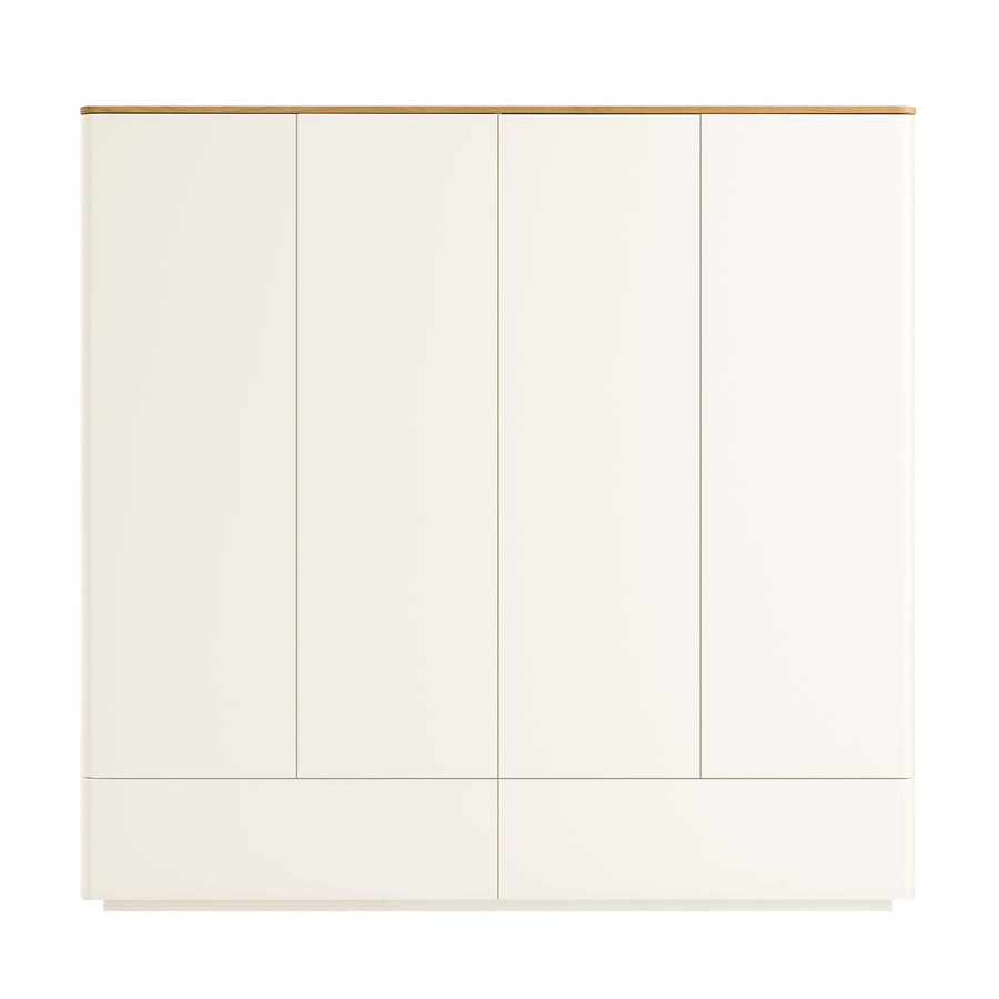 Agnes Curved Edge 4-Door Wardrobe, Off White with Oak Top