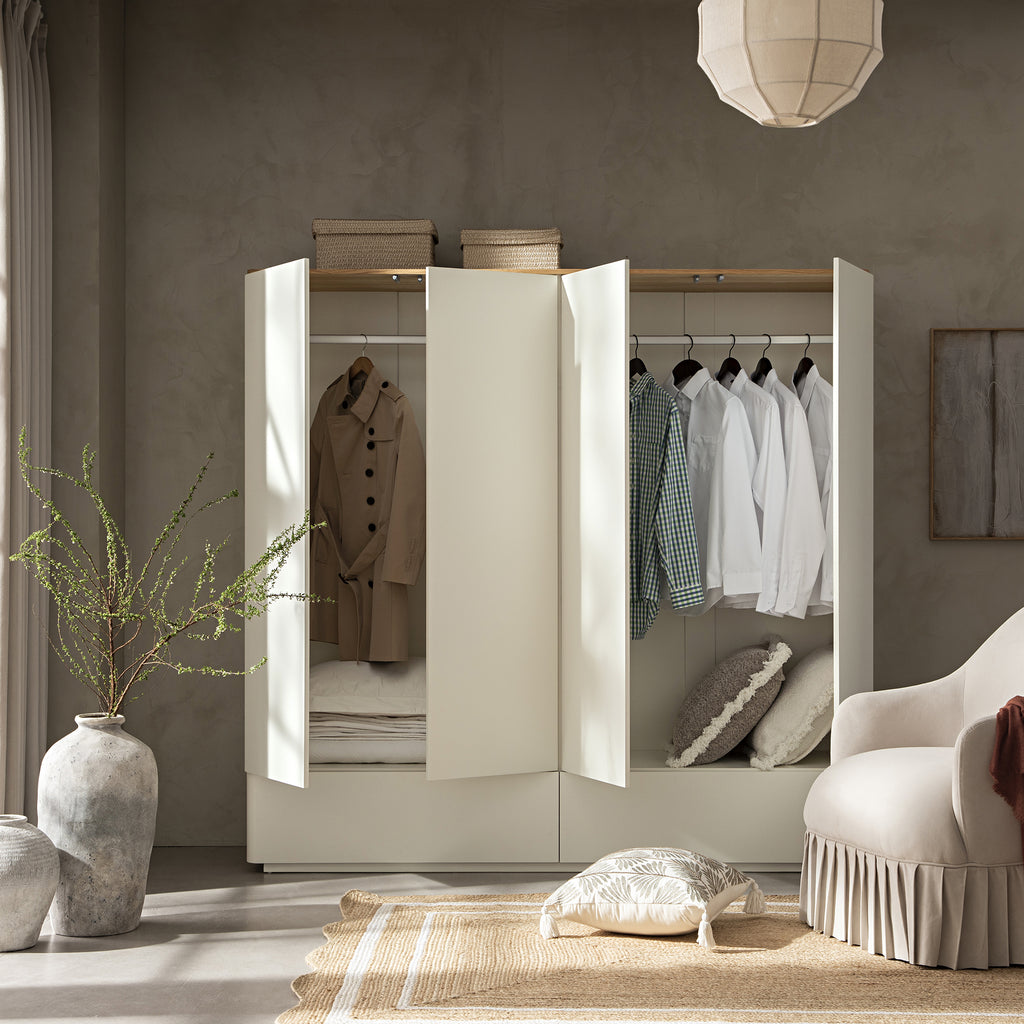 Agnes Curved Edge 4-Door Wardrobe, Off White with Oak Top | daals