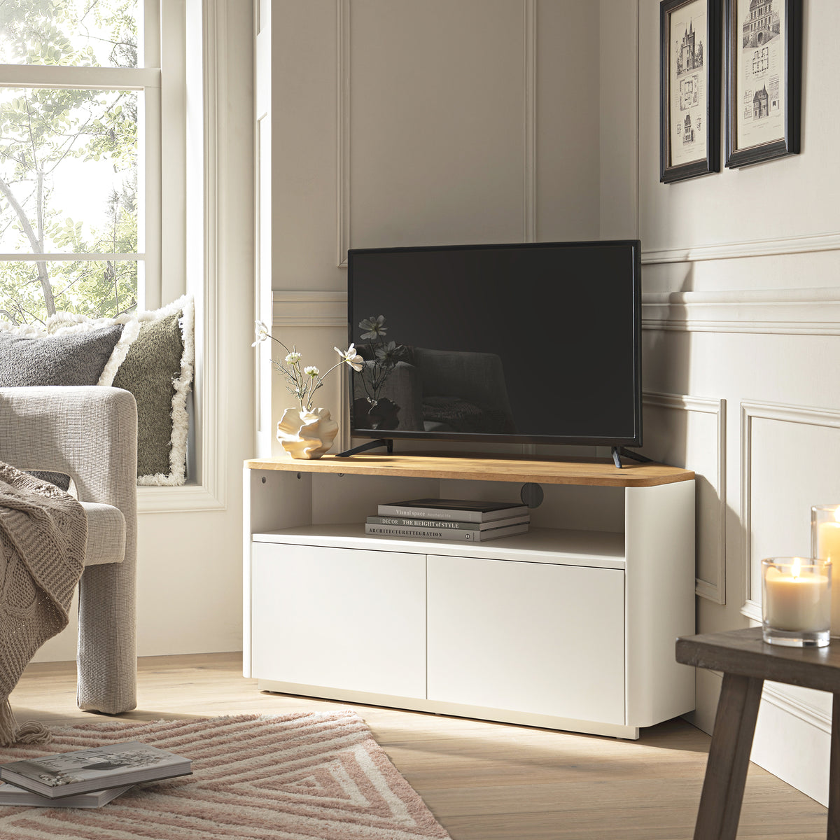 Agnes Curved Edge Corner TV Unit Off White With Oak Top Daals agnes-curved-edge-corner-tv-unit-off-white-with-oak-top-daals