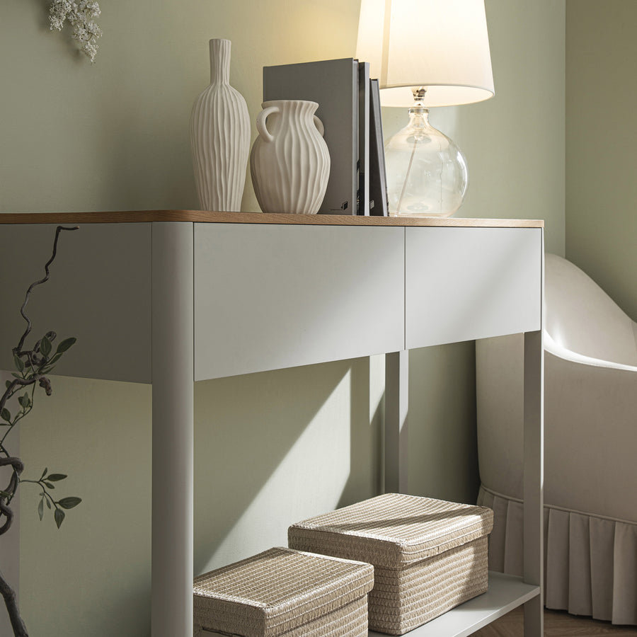 Agnes Curved Edge 2 Drawer Console Table, Dove Grey with Oak Top