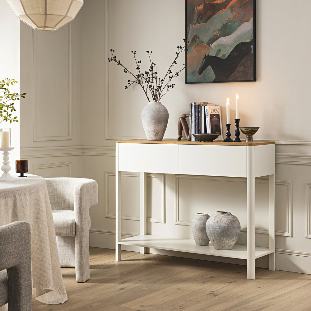 Agnes Curved Edge 2 Drawer Console Table, Off White with Oak Top | daals