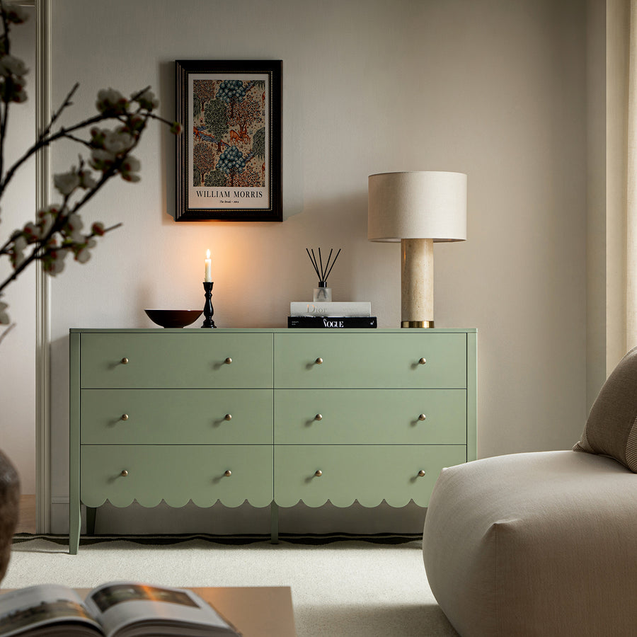 Henley Scalloped Edge 6 Drawer 140cm Wide Chest, Sage Green