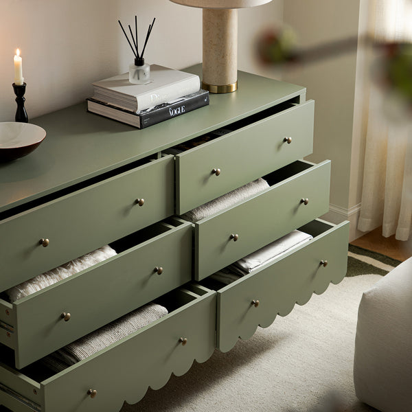 Henley Scalloped Edge 6 Drawer 140cm Wide Chest, Sage Green