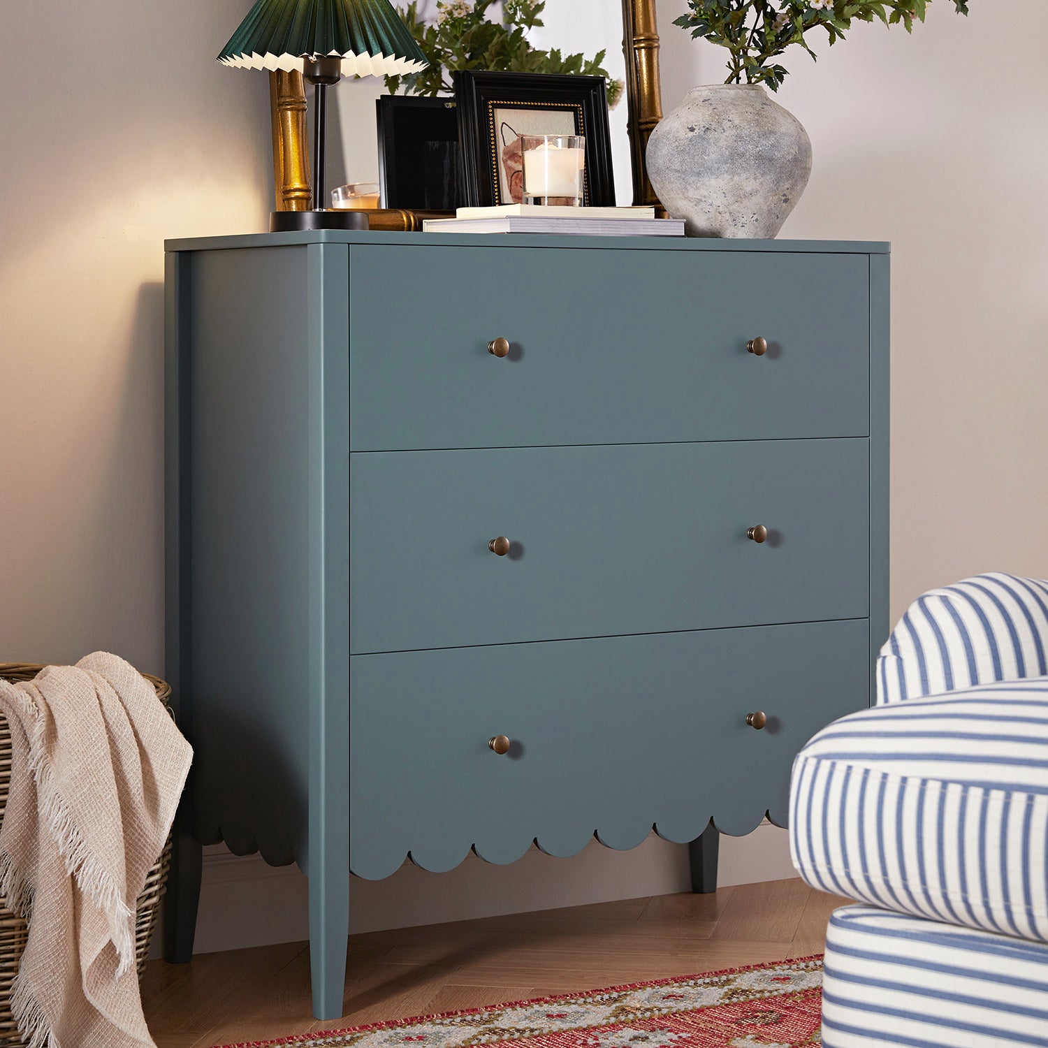 Henley Scalloped Edge 3 Drawer Chest, Blue Spruce