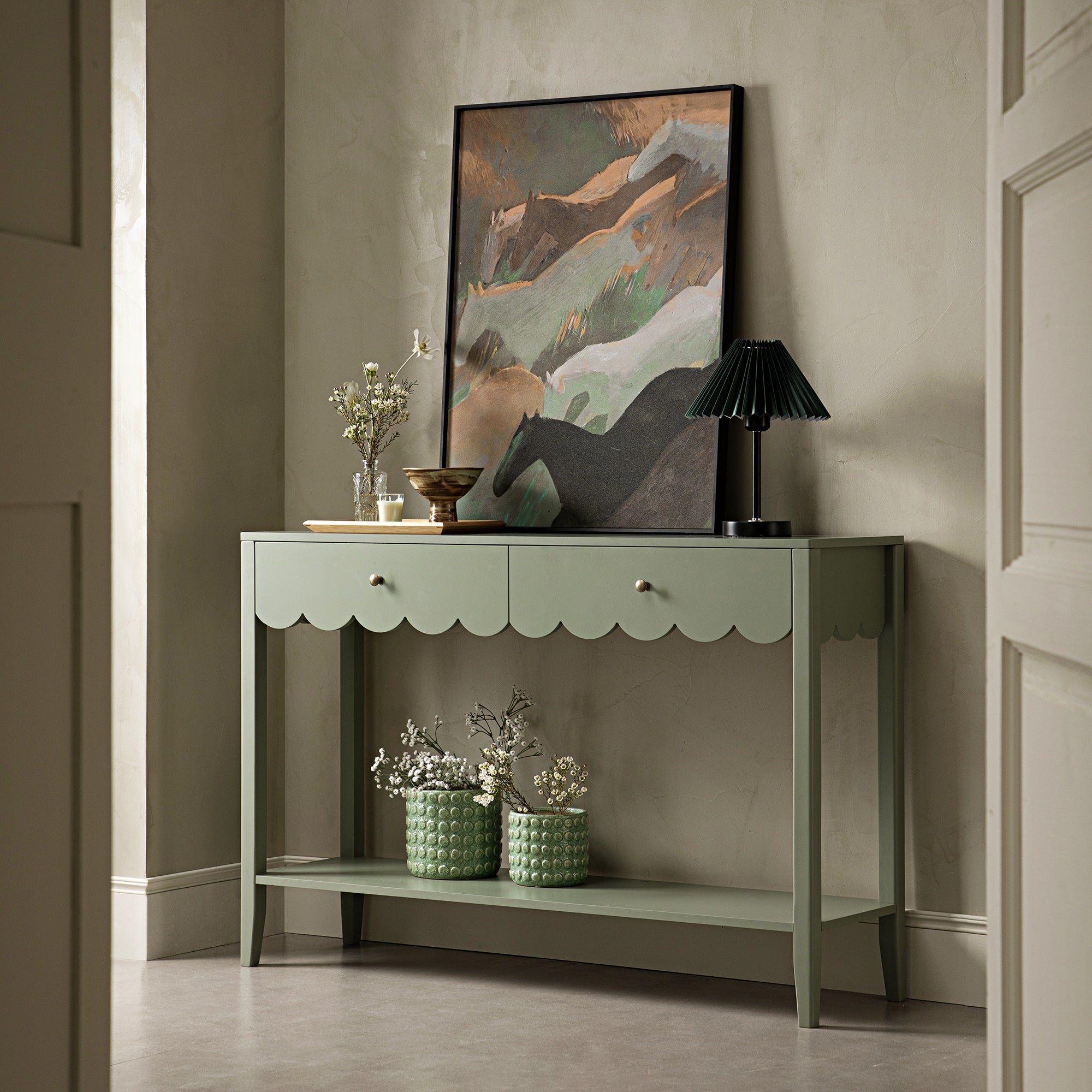 Henley Scalloped Edge Console Table, Sage Green | daals