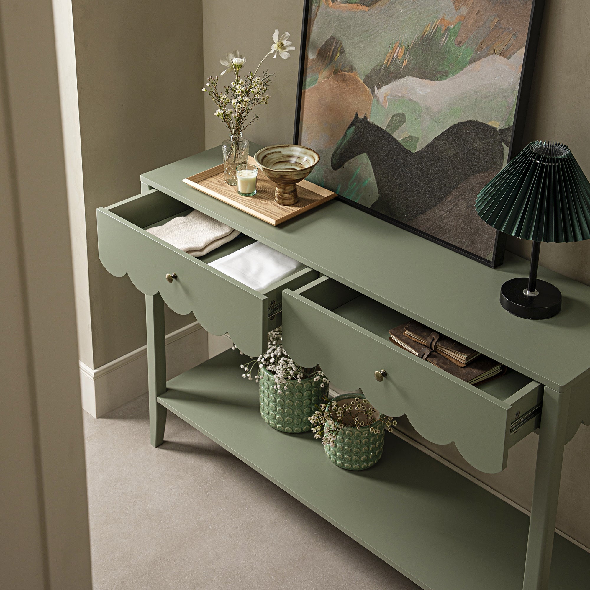 Henley Scalloped Edge Console Table, Sage Green | daals