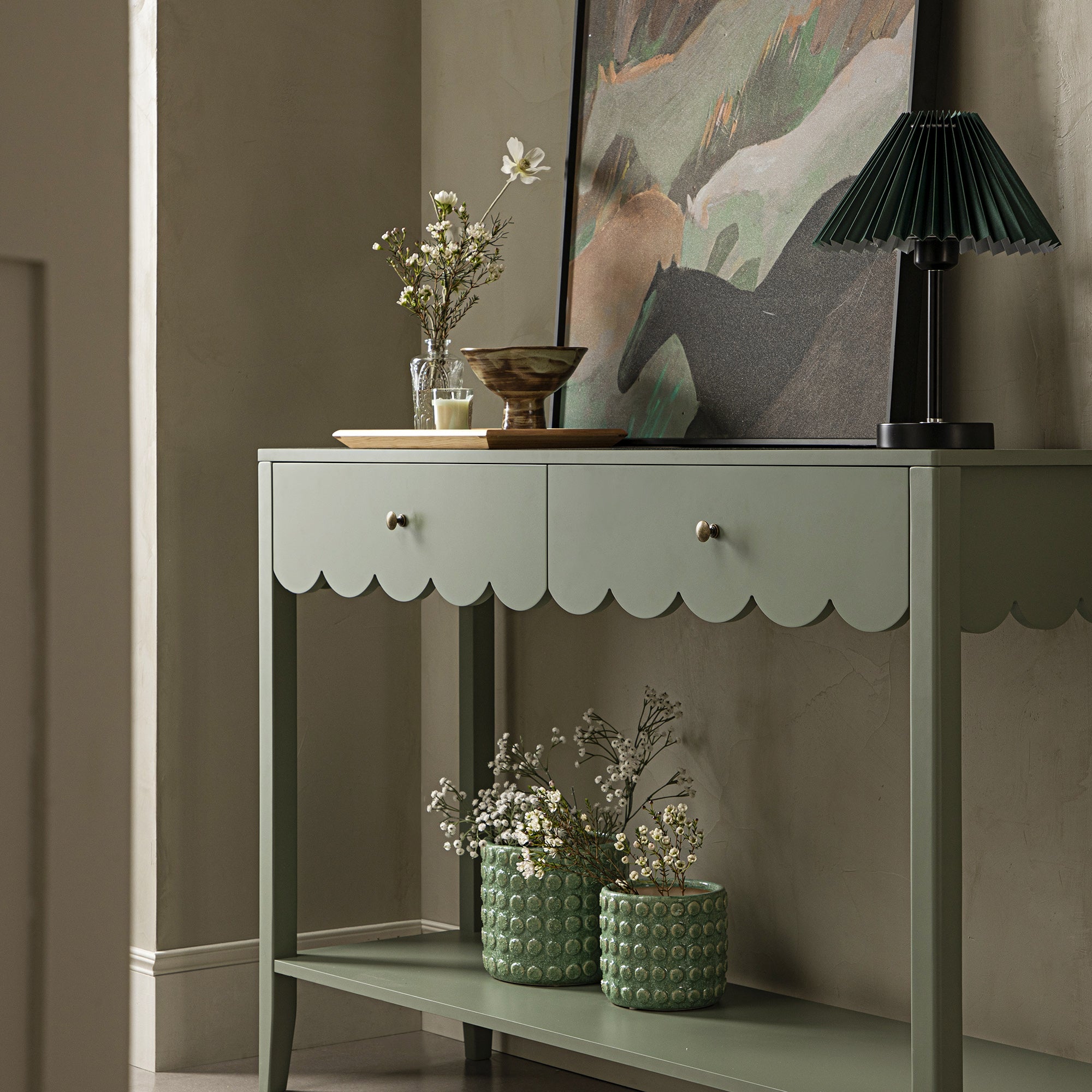 Henley Scalloped Edge Console Table, Sage Green | daals