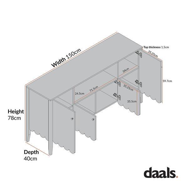 Henley Scalloped Edge 150cm Wide Sideboard with Open Shelf, Blue Spruce