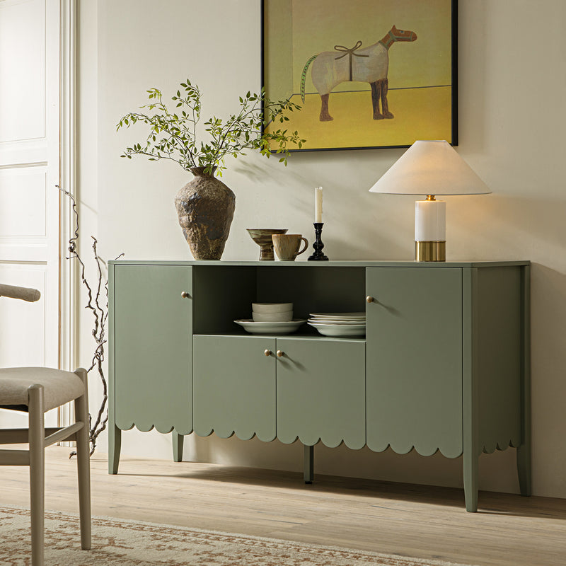 Henley Scalloped Edge 150cm Wide Sideboard with Open Shelf, Sage Green
