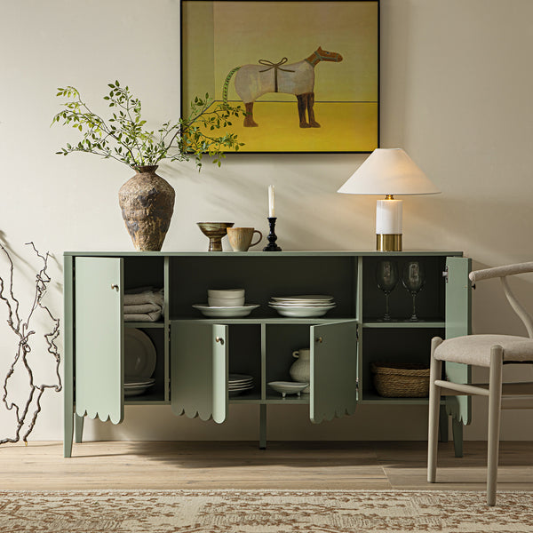 Henley Scalloped Edge 150cm Wide Sideboard with Open Shelf, Sage Green - daals