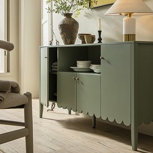 Henley Scalloped Edge 150cm Wide Sideboard with Open Shelf, Sage Green - daals