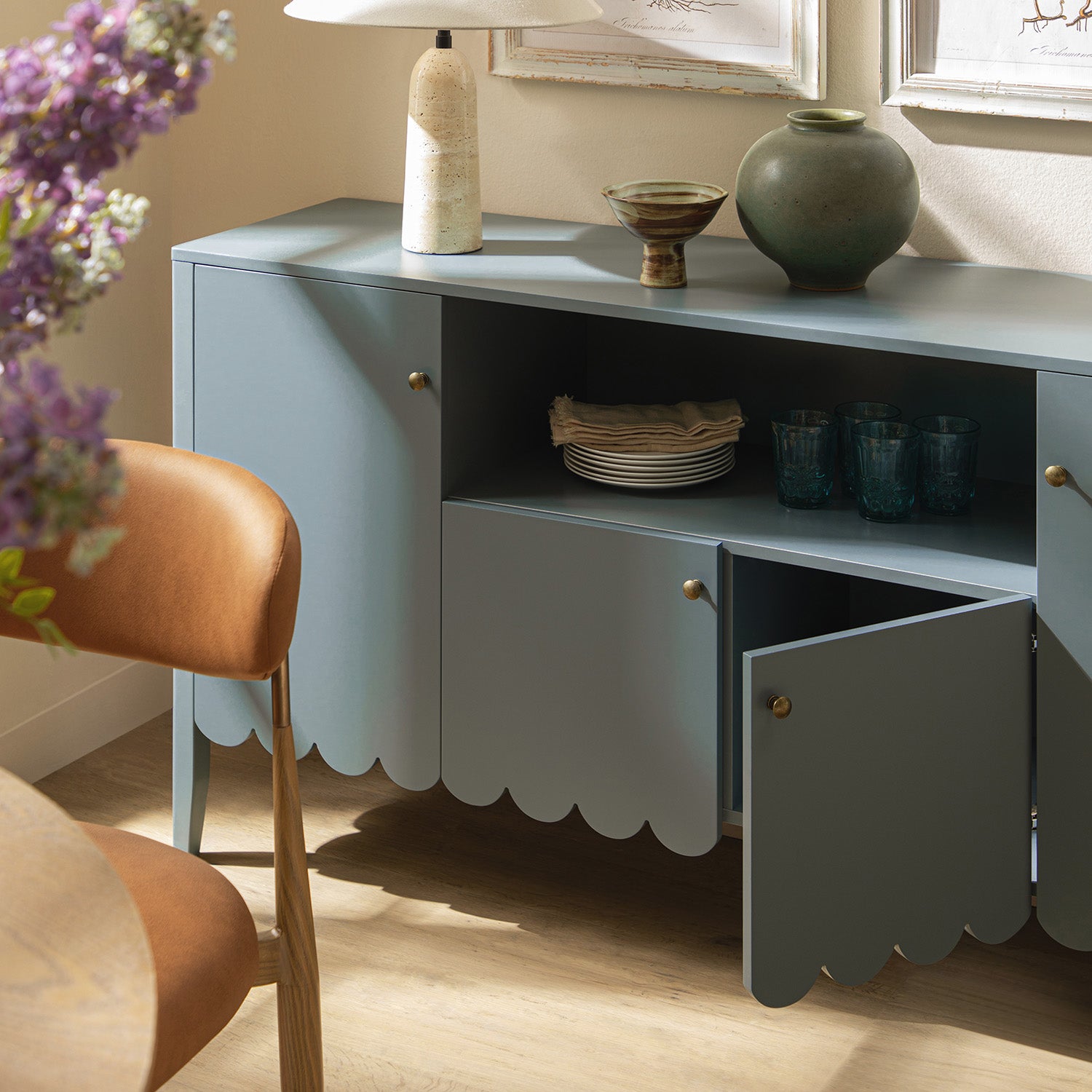 Henley Scalloped Edge 150cm Wide Sideboard with Open Shelf, Blue Spruce