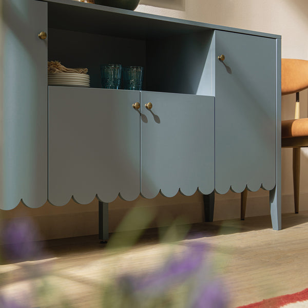 Henley Scalloped Edge 150cm Wide Sideboard with Open Shelf, Blue Spruce