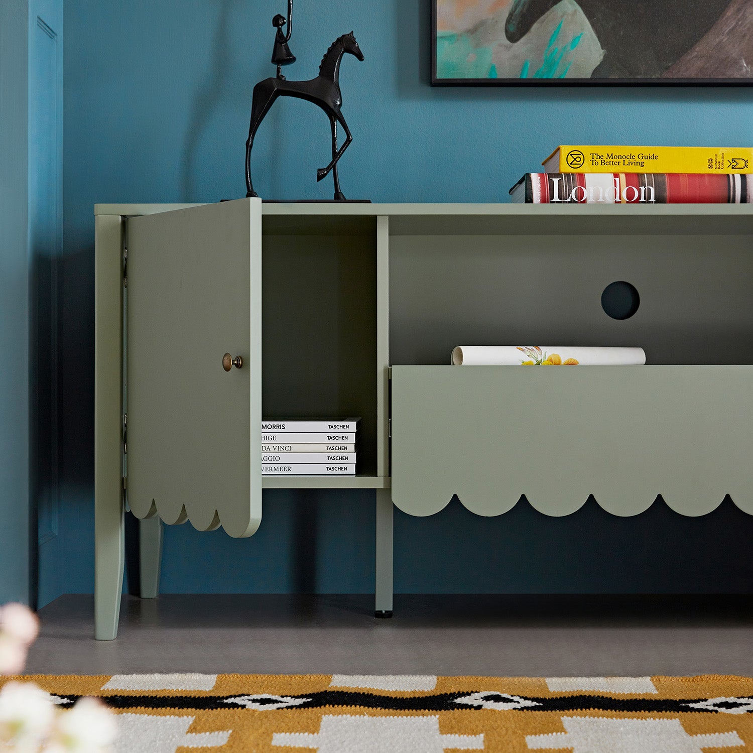 Henley Scalloped Edge 150cm Wide TV Unit, Sage Green