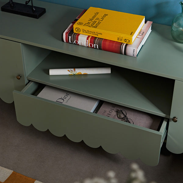 Henley Scalloped Edge 150cm Wide TV Unit, Sage Green