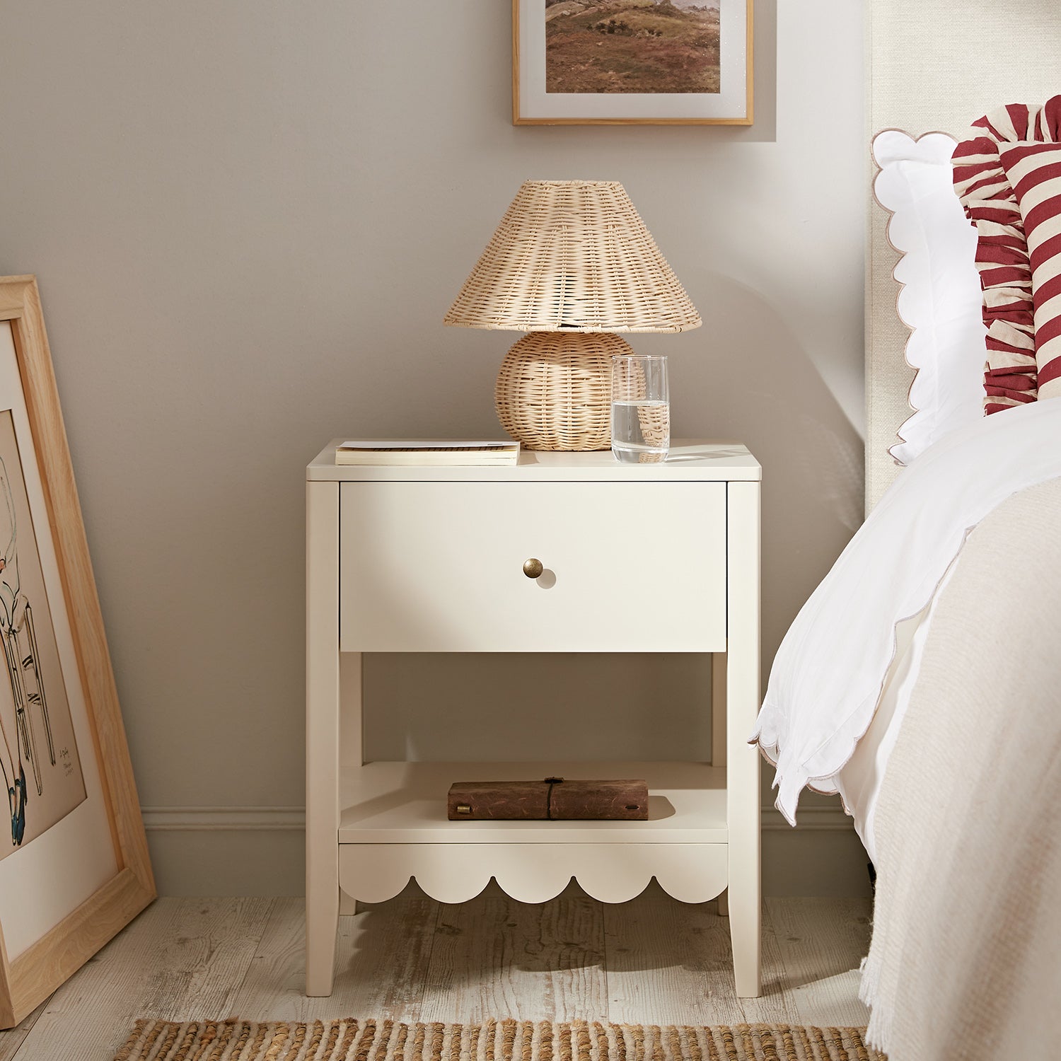 Edge Bedside Table Henley Scalloped Edge Bedside Table with Drawer, Light Sand | daals