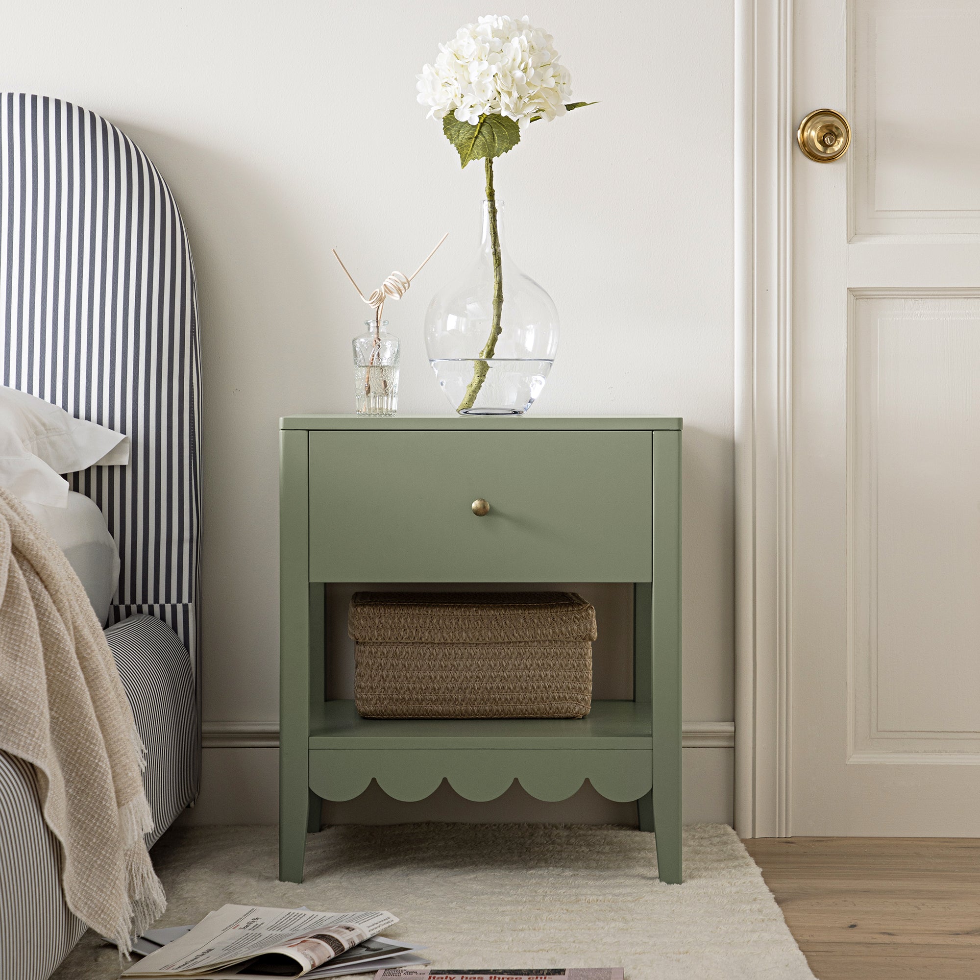 Edge Bedside Table Henley Scalloped Edge Bedside Table with Drawer, Sage Green | daals