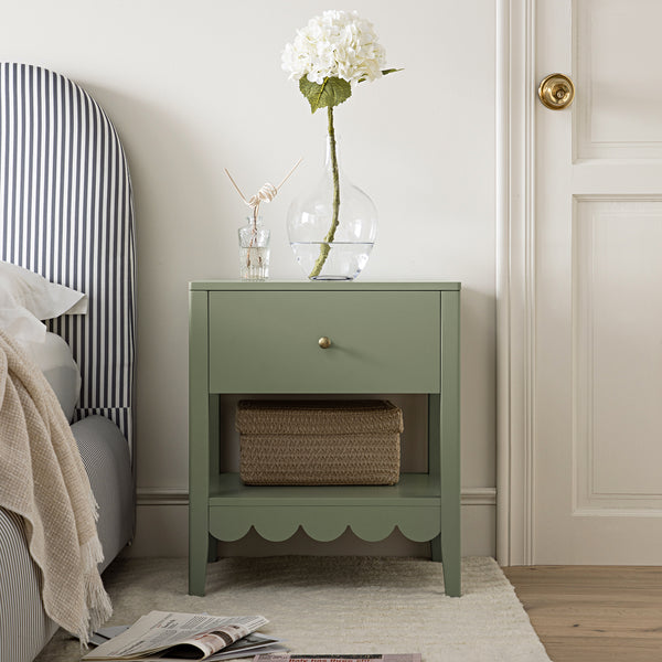 Henley Scalloped Edge Bedside Table with Drawer, Sage Green