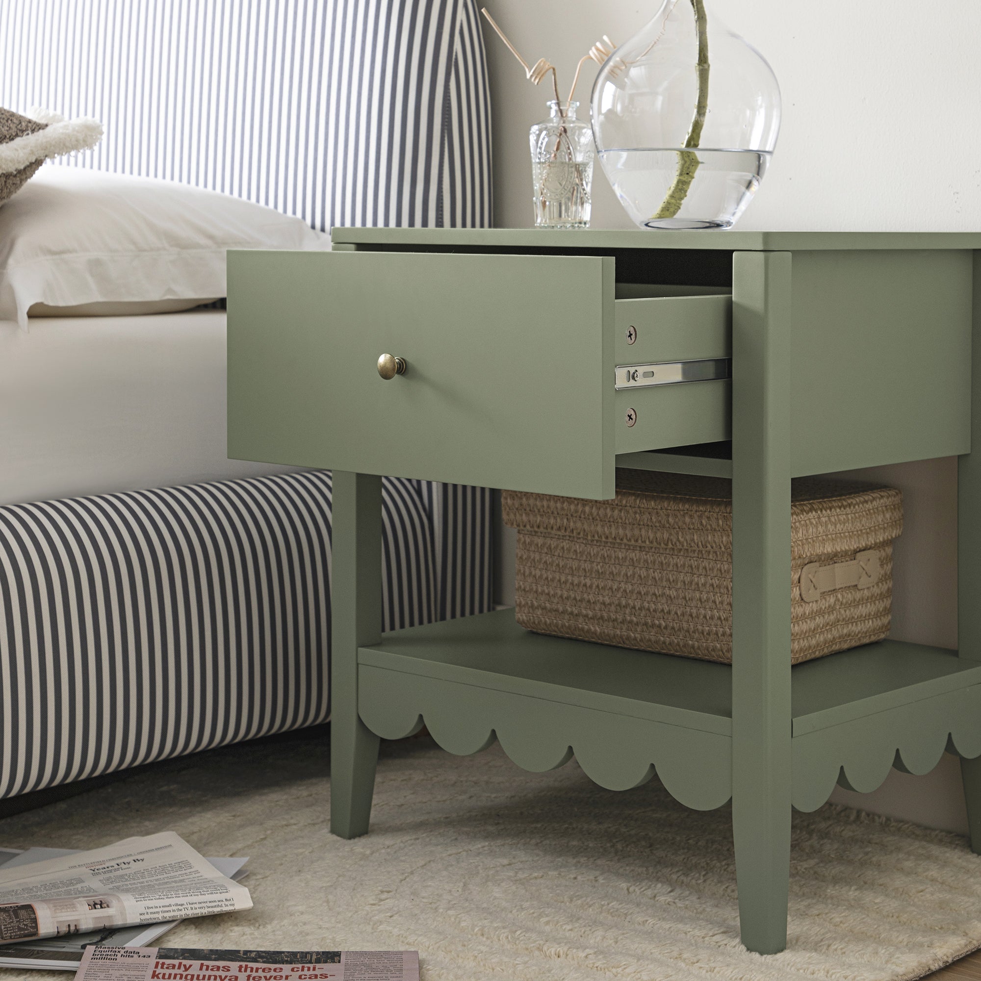 Henley Scalloped Edge Bedside Table with Drawer, Sage Green | daals