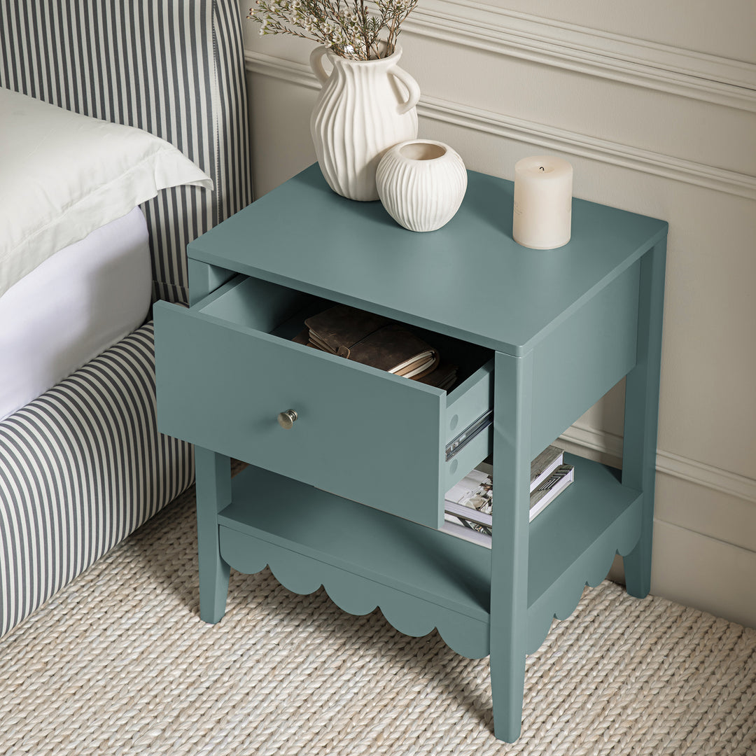Table Blue Draw Henley Scalloped Edge Bedside Table with Drawer, Blue Spruce | daals