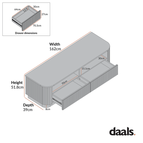 Maru 162cm TV Unit with Drawers, Washed White