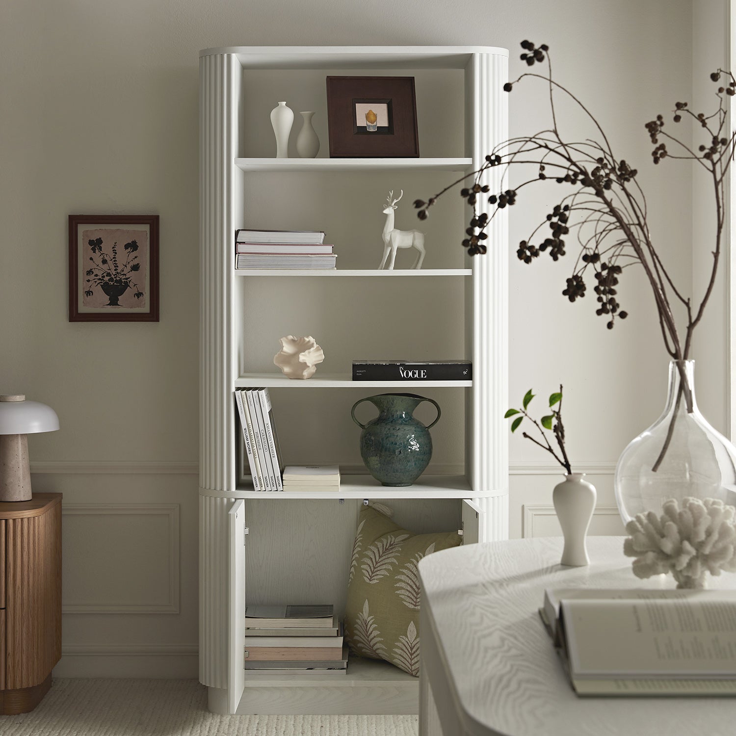 Maru Bookcase with Cabinet, Washed White