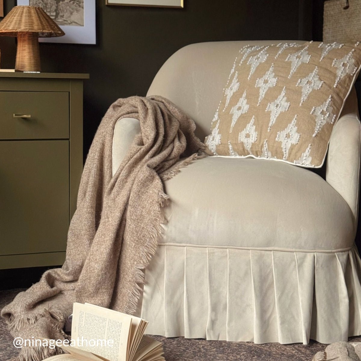 Mahika Ikat Dark Beige French Knot Linen Cushion