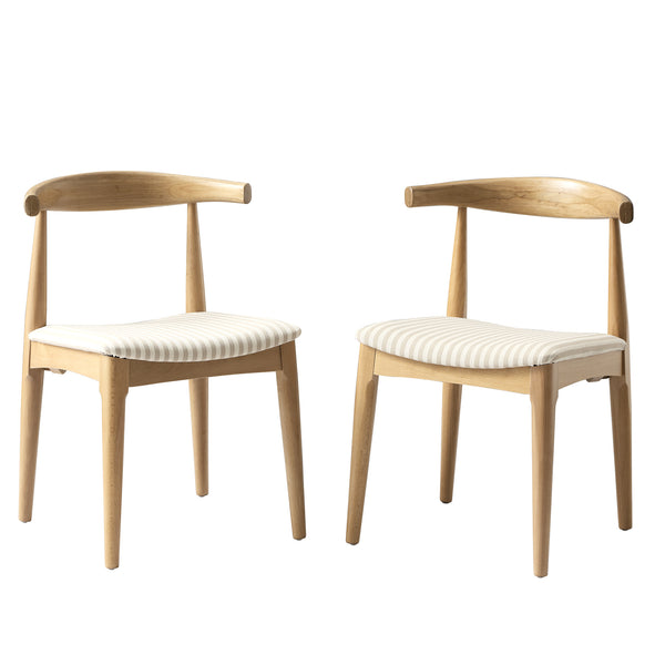 Arley Set of 2 Beech Wood Dining Chairs, Natural and Light Taupe Striped
