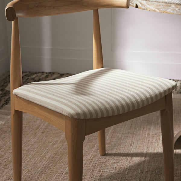 Arley Set of 2 Beech Wood Dining Chairs, Natural and Light Taupe Striped