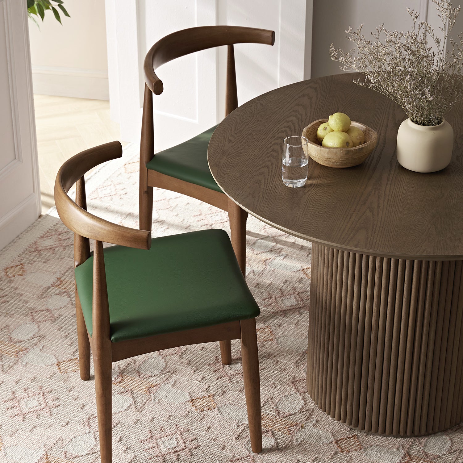 Arley Set of 2 Beech Wood Dining Chairs, Light Walnut and Olive Green