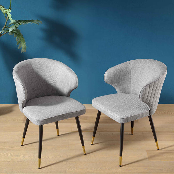Langham Set of 2 Grey Woven Fabric Carver Dining Chairs with Fluted Back