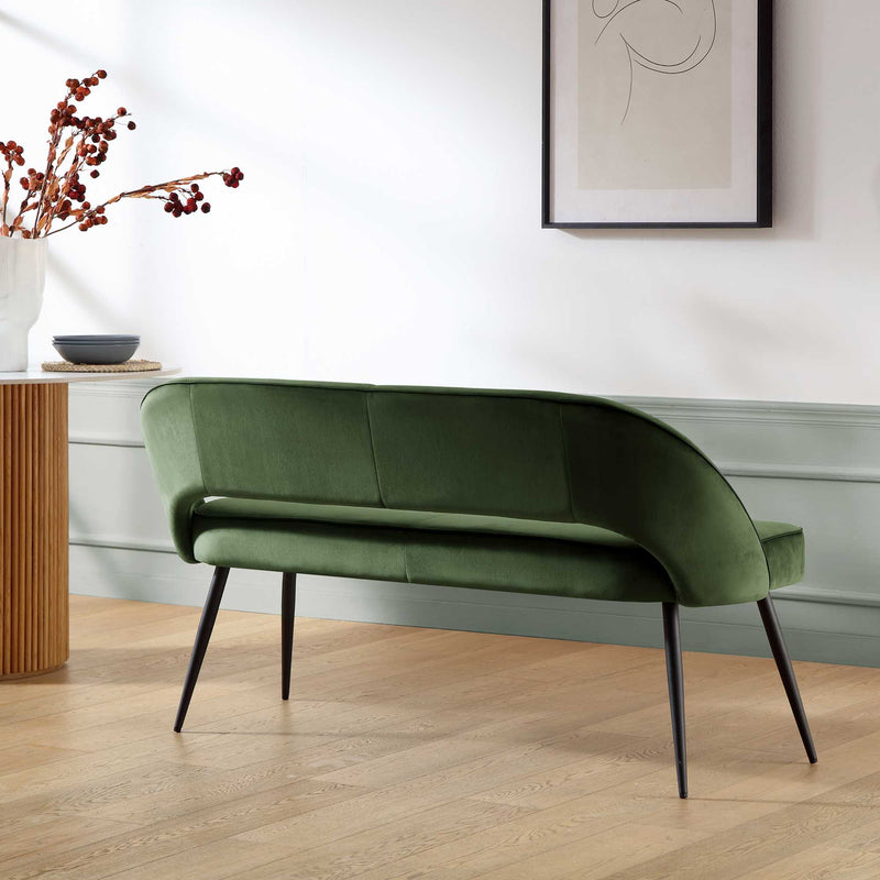 Oakley Dark Green Velvet Upholstered 3 Seater Dining Bench with Contrast Piping