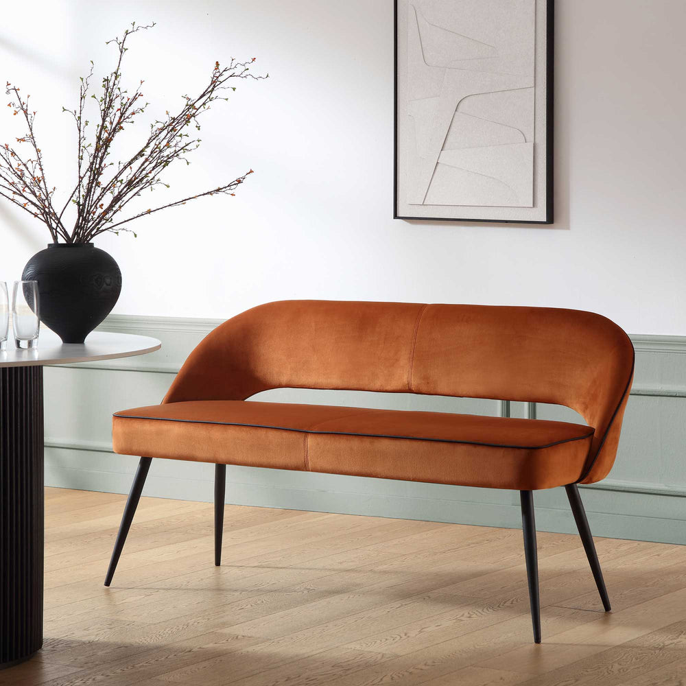 Oakley Orange Velvet Upholstered 3 Seater Dining Bench with Contrast P ...