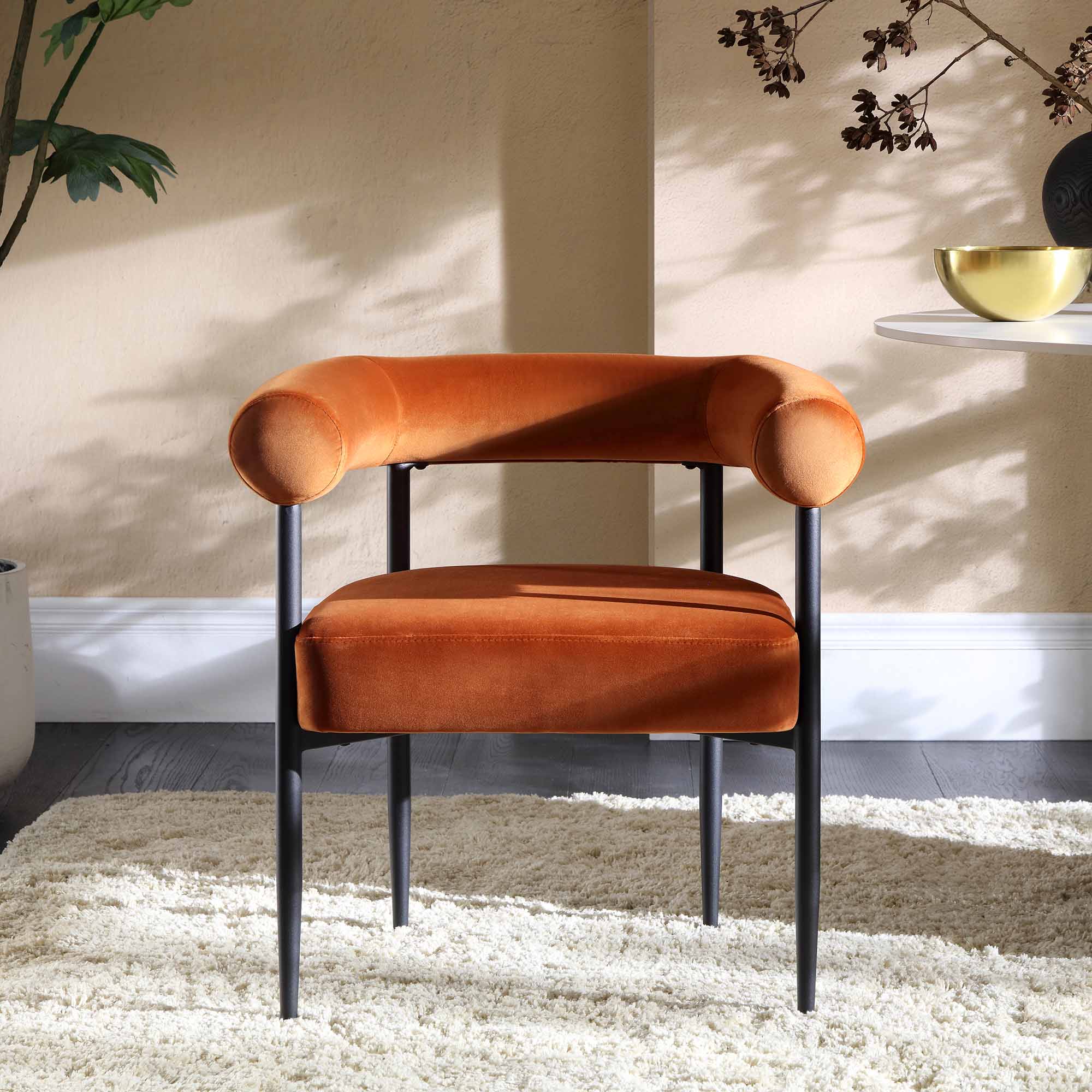 Fulbourn Rust Velvet Dining Chair with Black Legs | daals