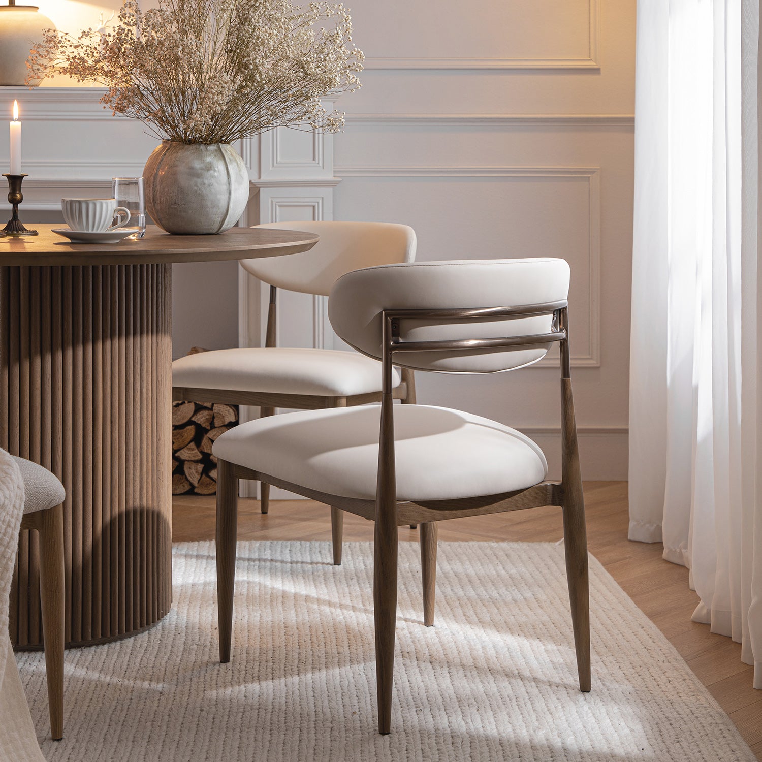 Dagmar Set of 2 Dining Chairs, Beige Faux Leather | Silver Oak Frame