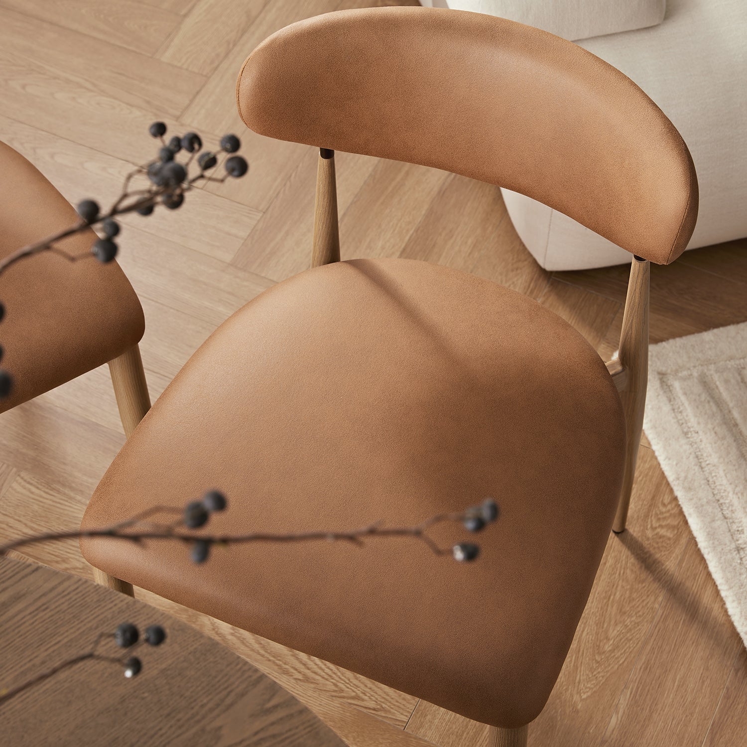 Dagmar Set of 2 Dining Chairs, Chestnut Faux Leather | Natural Frame