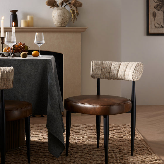 Wilna Set of 2 Dining Chairs, Beige Woven | Vintage Brown Faux Leather
