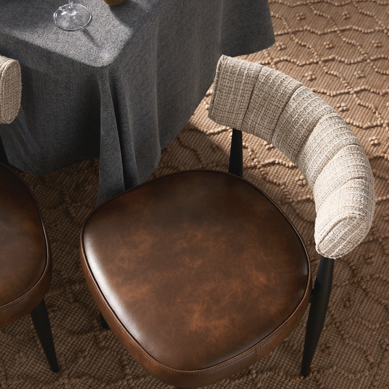 Wilna Set of 2 Dining Chairs, Beige Woven | Vintage Brown Faux Leather